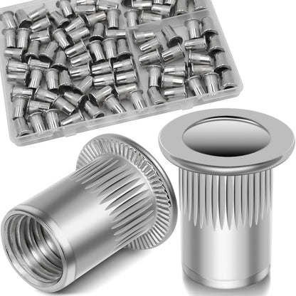 Vifmy Metric & SAE Rivet Nut Assortment Kit(420 Pcs),m3 m4 m5 m6 m8 m10 m12#6-32#8-32#10-24 1/4"-20 5/16"-18 3/8"-16 UNC Flat Head Rivnut Set,Zinc Plated Finish Carbon Steel Nutsert