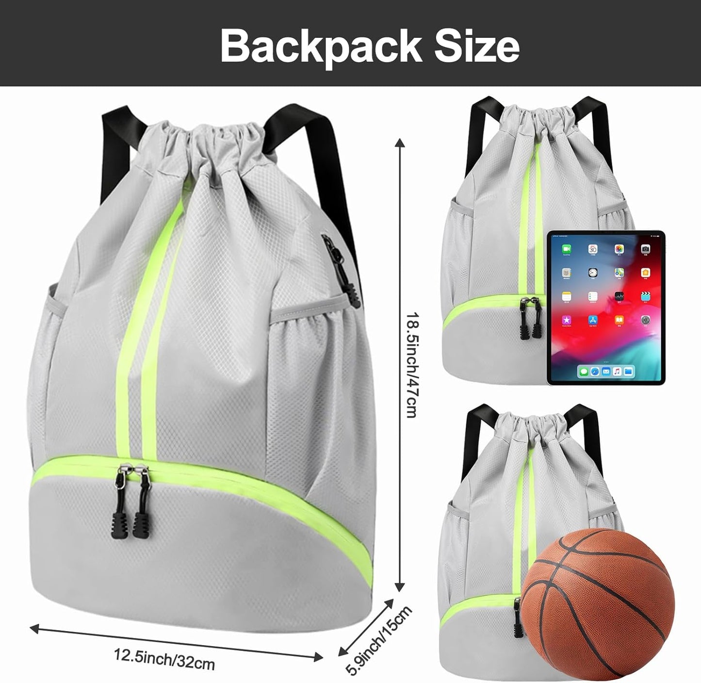 Hoedia Sports Drawstring Backpack - String Swim Gym Bag with Shoes Compartment and Wet Proof Pocket for Women/Men