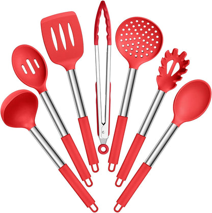 Silicone Cooking Utensils Set | Heat Resistant Kitchen Tools | Non Stick Cookware Utensils | Stainless Steel Handle Utensils | 7 Piece Cooking Set - PuriLite