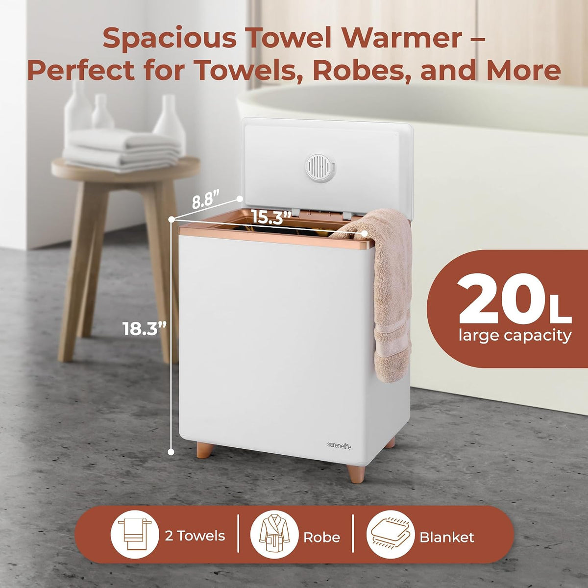SereneLife Towel Warmer Bucket – Large Capacity WiFi Towel & Blanket Heater, Holds 2 Large Towels, PJ’s & Robes, Single-Touch Control, Auto Shut-Off (Gold) – Luxurious Winter Comfort