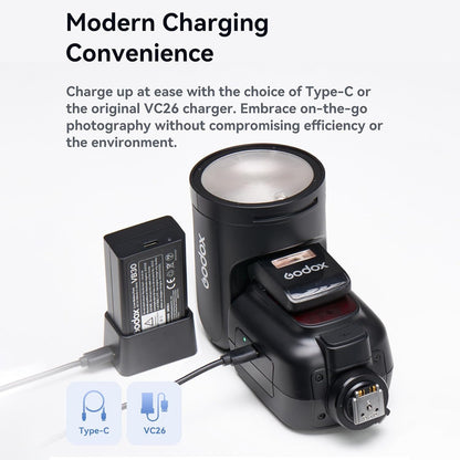GODOX V1Pro-C 2.4G Wireless Camera Flash Speedlite with Detachable Sub Flash 1/8000s HSS 1.3s Recycle Time M/TTL Flash Mode 10 Levels Brightness Type-c Powered Compatible with Canon EOS Cameras
