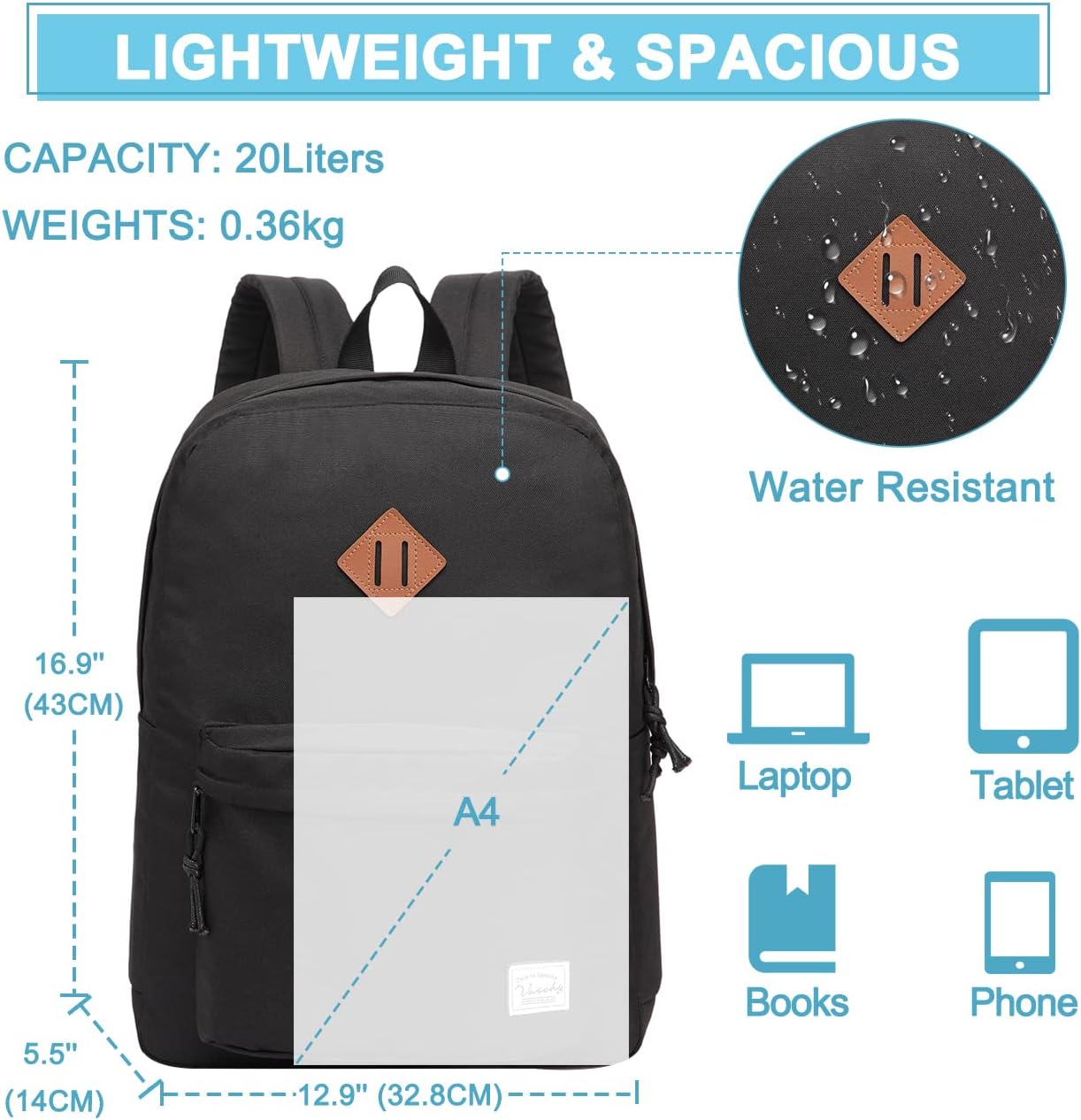 School Backpack for Kids, VASCHY Lightweight Water Resistant Casual Schoolbag Daypack for Men Women Teen Boys Girl Bookbag