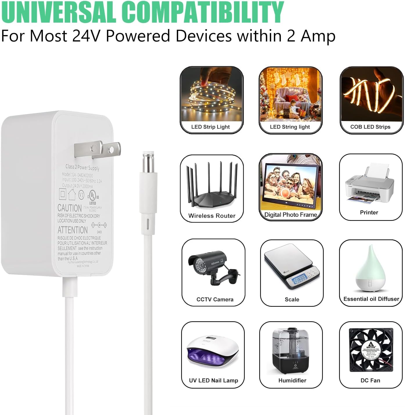 Wefomey 24V 3A Power Supply UL Listed, AC 100~240V to 24V DC Adapter Transformer with 5.5x2.1mm DC Plug, 24 Volt 3 Amp 72W Wall Charger for 5050 3528 LED Strip Light LED Driver CCTV Security System
