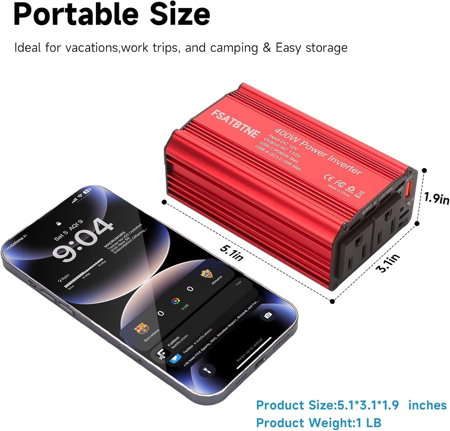 FSATBTNE 400W Power Inverter 12V DC to 110V AC Car Plug Adapter Outlet Converter with [65W PD USB-C] & [18W QC USB-A] Fast Charging Ports and 2 AC Outlets Car Power Inverters for Vehicles