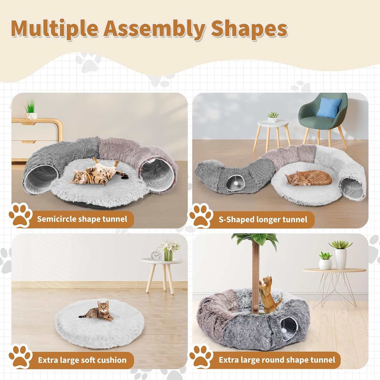 Odoland Extra Large Cat Tunnels for Indoor Cats, Fluffy Cat Bed with Toys | Collapsible Donut Cat Tube for Kittens,Small Animal Chewing Playing