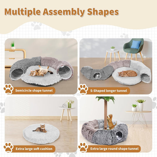 Odoland Extra Large Cat Tunnels for Indoor Cats, Fluffy Cat Bed with Toys | Collapsible Donut Cat Tube for Kittens,Small Animal Chewing Playing