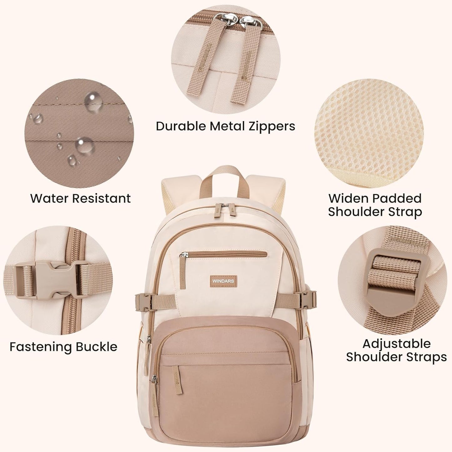 WINDARS Backpack for School Girls, Cute High School Backpacks for Teens Women Student Large Bookbag 15.6 Inch Laptop Bag with USB Charger Port for College Work Travel Trip (Beige Khaki)