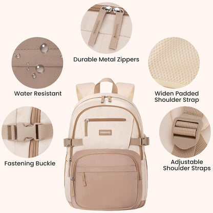 WINDARS Backpack for School Girls, Cute High School Backpacks for Teens Women Student Large Bookbag 15.6 Inch Laptop Bag with USB Charger Port for College Work Travel Trip (Beige Khaki)