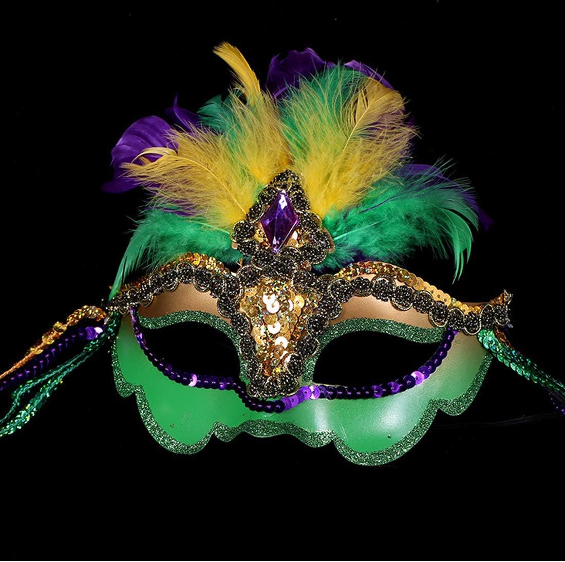Mardi Gras Sequin Feathers Mask Venetian Carnival Masquerade Mask for Women Feather Decorations Halloween Party Cosplay