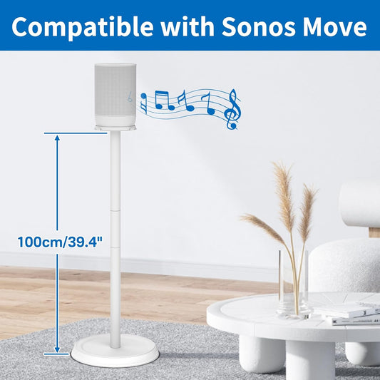 Yibracki Heavy Duty Floor Speaker Stand for Sonos Move, Move 2 - Metal, Universal Fit, White - 2952fb01-cb82-4888-a20f-4292af543512 - PuriLite
