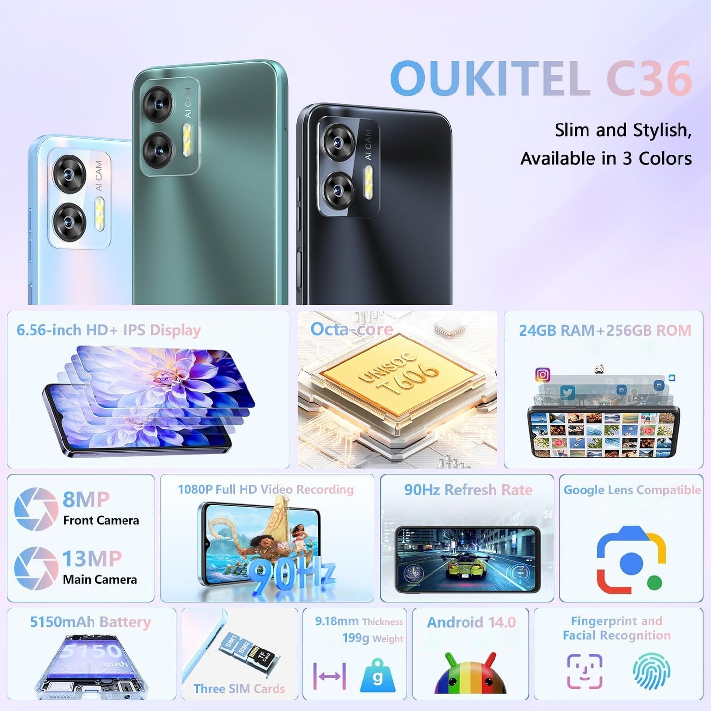 OUKITEL C36 Smartphone, Unlocked Cell Phone Canada, Android 14 Phone, 16GB+256GB/TF 1TB Expandable, 6.56'' HD+ Large Screen, 5150mAh, 4G Sim 3 Card, Fingerprint/Face Unlock Telephone, GPS