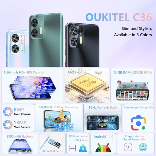 OUKITEL C36 Smartphone, Unlocked Cell Phone Canada, Android 14 Phone, 16GB+256GB/TF 1TB Expandable, 6.56'' HD+ Large Screen, 5150mAh, 4G Sim 3 Card, Fingerprint/Face Unlock Telephone, GPS - PuriLite