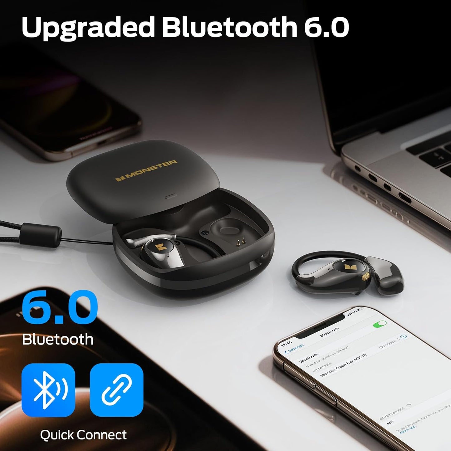 Monster Open Ear AC510 Earbuds, Bluetooth6.0 Wireless Earbuds, Stereo Sound Ear Buds with AI Intelligent Noise Reduction, Type-C Charging, Touch Control, 30H Playback, IPX6 Waterproof Earphones(Black)