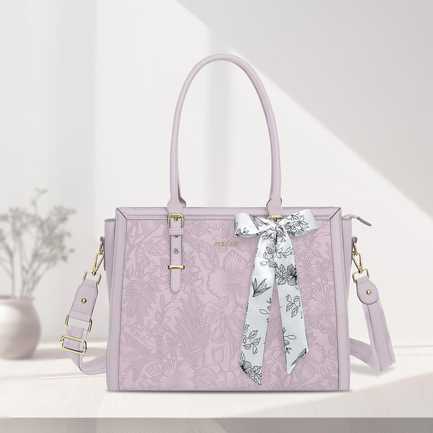MOSISO Laptop Bag for Women, 17-17.3 inch PU Leathe Tote Bag Compatible with MacBook, HP, Dell, Asus Notebook, Front Embossed Retro Hibiscus Computer Bag with Silk Scarf&Clutch Purse, Gray - PuriLite