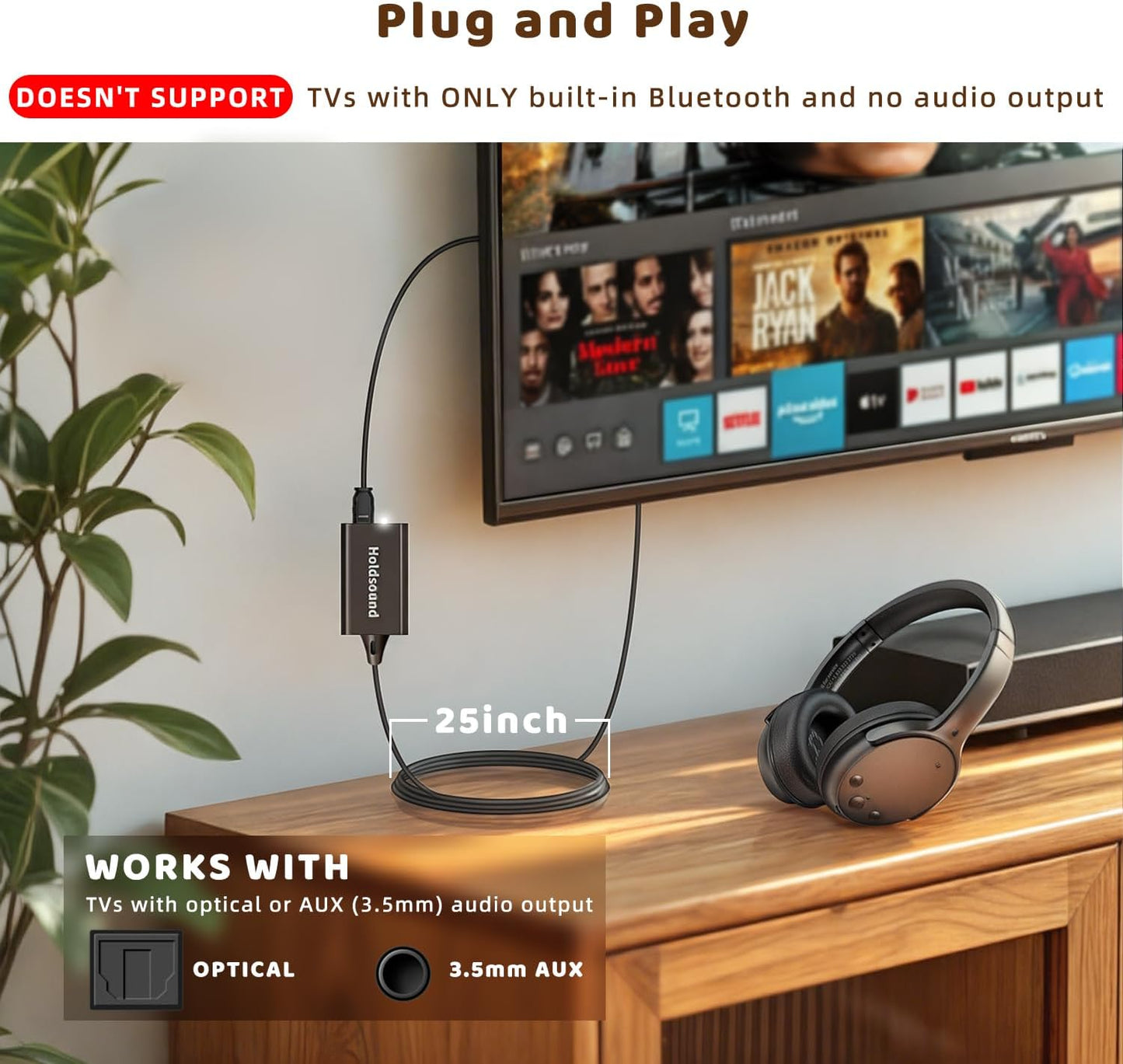 Holdsound Wireless Headphones for TV Watching, TV Headphones Wireless for Seniors with USB Transmitter, 25hrs, No Lip-Sync Delay, Plug and Play, Gifts for Elderly,Light Black