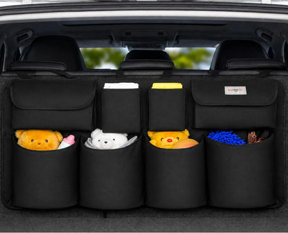 SURDOCA Car Trunk Organizer, 3rd Gen [7 Times Upgrade] Super Capacity Car Organizer, Equipped with [Robust Elastic Net & 3 Magic Stick] Car Trunk Tidy Storage Bag with Lids, Space Saving Expert-Black