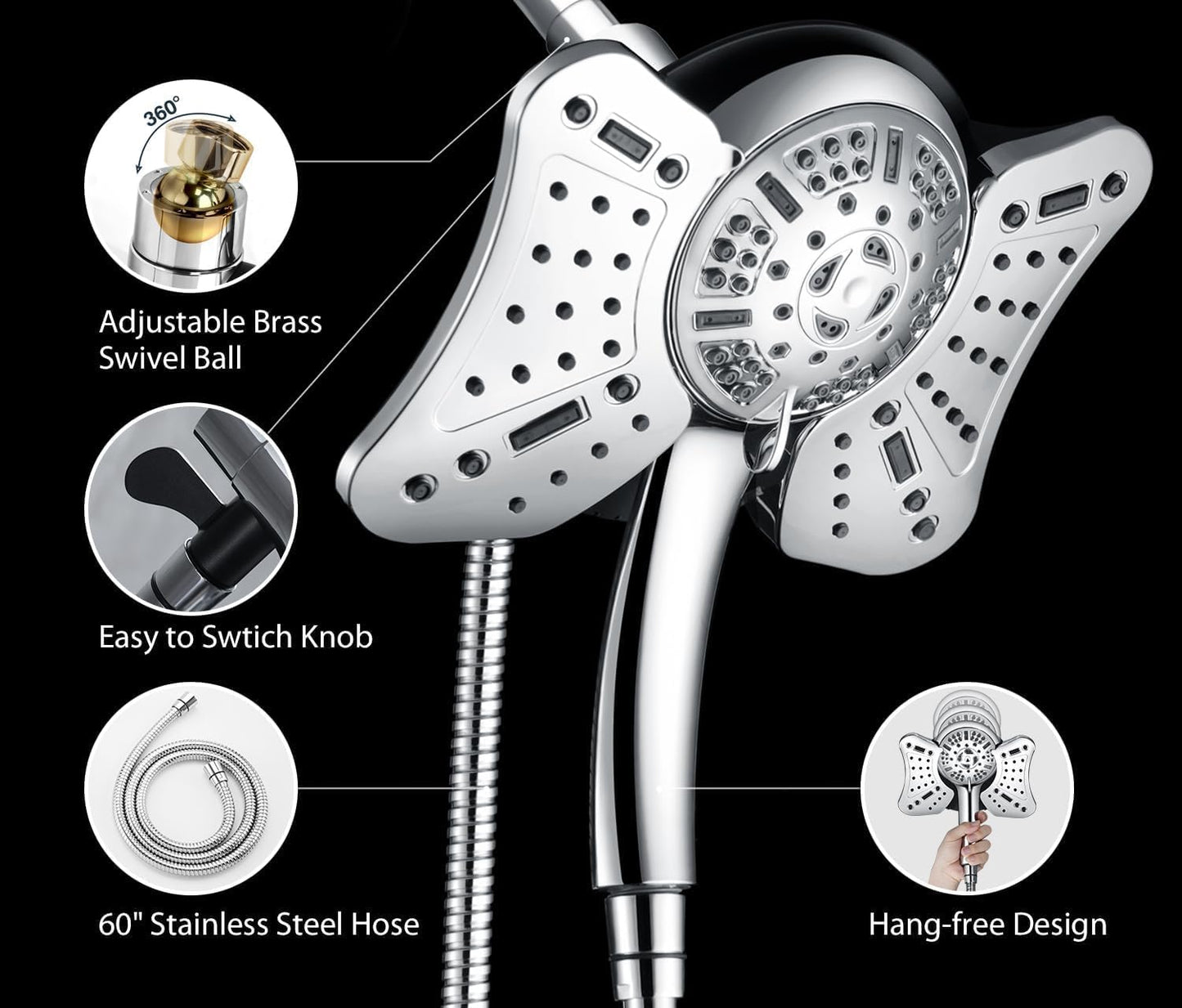 2.5 GPM High Pressure Shower Head: GRICH 8.7 Inch Black Shower Heads with Hand Held Spray 2-in-1 Combo, 9-Settings Handheld Shower Head & Adjustable Rain Shower Head with Hose 60'', Anti-Clog Nozzles