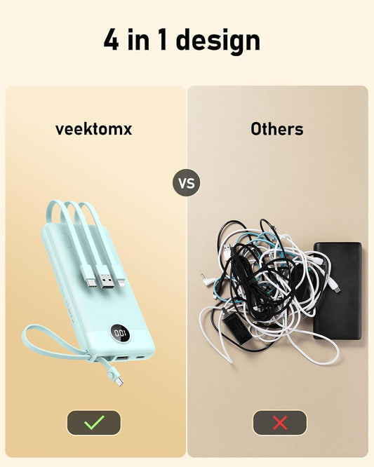 VEEKTOMX Power Bank with Built-in Cables 10000mAh Portable Charger for iPhone Slim Fast Charge USB C Battery Pack Travel Essentials Powerbank Compatible with iPhone, Samsung, Android, etc