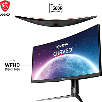 MSI Optix MAG342CQR 1500R Curvature 21:9 Aspect Ratio Narrow Bezel 1ms 3440x1440(UWQHD) 144Hz Refresh Rate Tilt/Swivel/Height/Pivot Adjustment 34" AMD Freesync Gaming Curved Monitor, Black, Pack of 1
