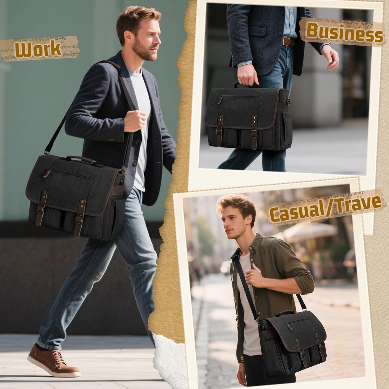 RAINSMORE Canvas Messenger Bag Men 17-17.3 Inch Laptop Bag Computer Briefcase Water Resistant Satchel Bag for Men Work Office - PuriLite