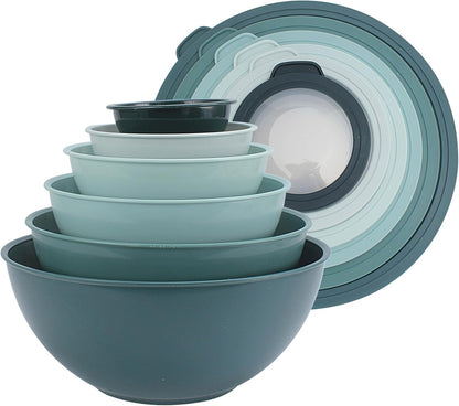 COOK WITH COLOR Mixing Bowls with TPR Lids - 12 Piece Plastic Nesting Bowls Set Includes 6 Prep Bowls and 6 Lids, Microwave Safe Mixing Bowl Set (Green)