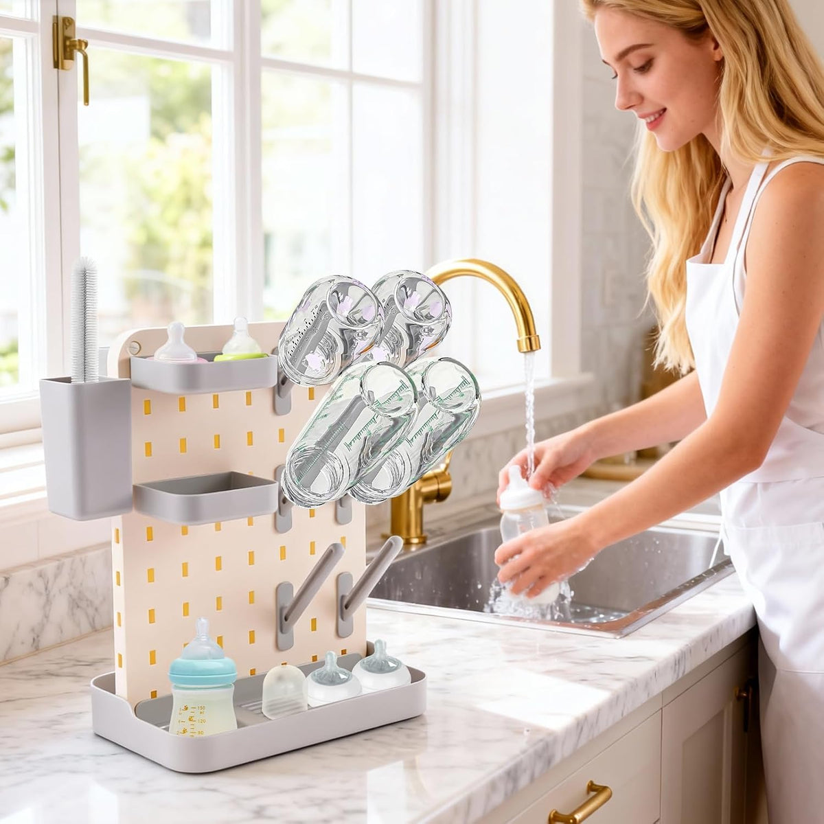 Baby Bottle Drying Rack Large Capacity Bottle Dryer Holder Space Saving Drying Rack for Baby Bottles and Cleaning Supplies (White Grey)(White Grey)