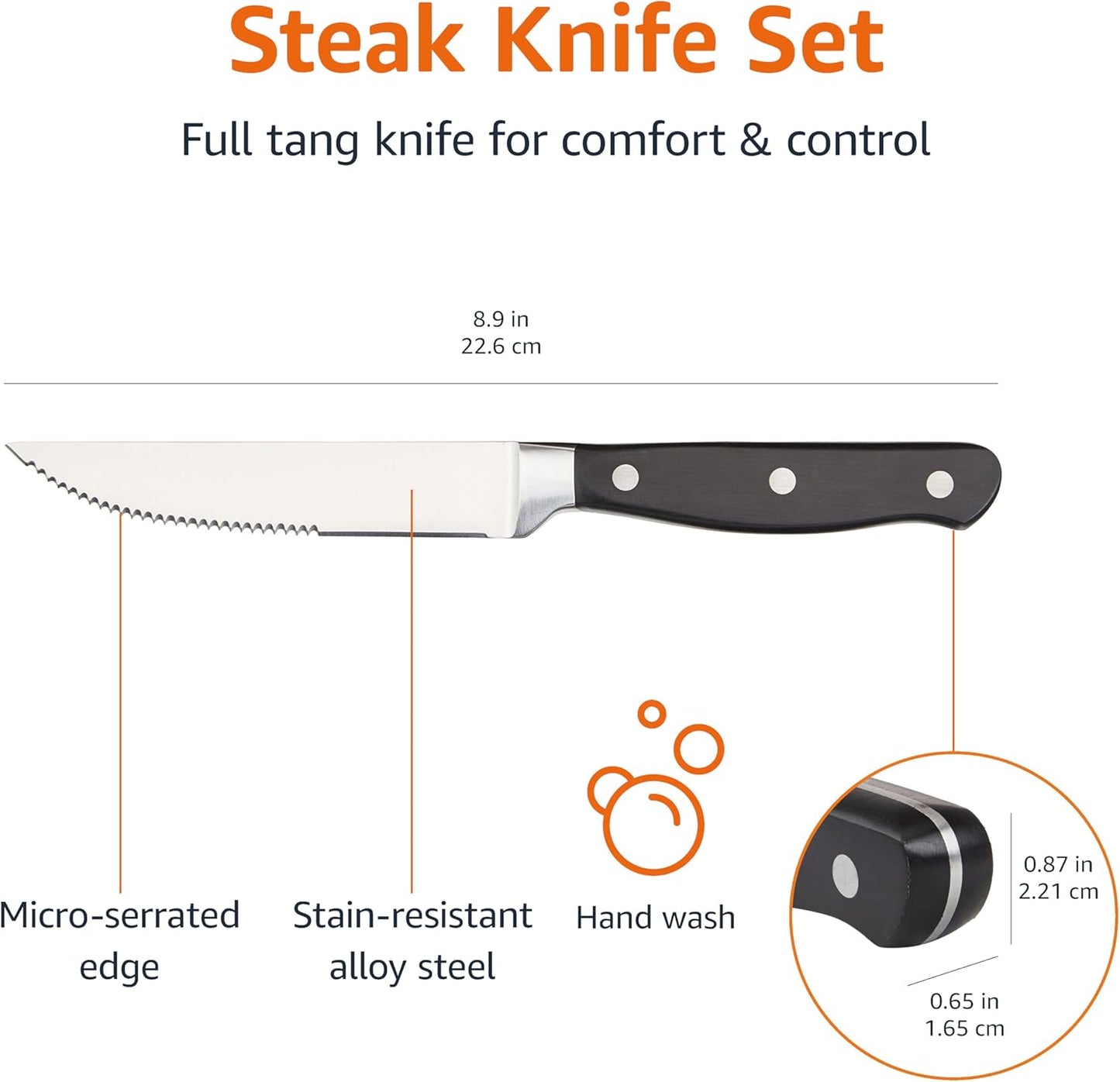 Amazon Basics Premium 8-Piece Kitchen Steak Knife Set, Black