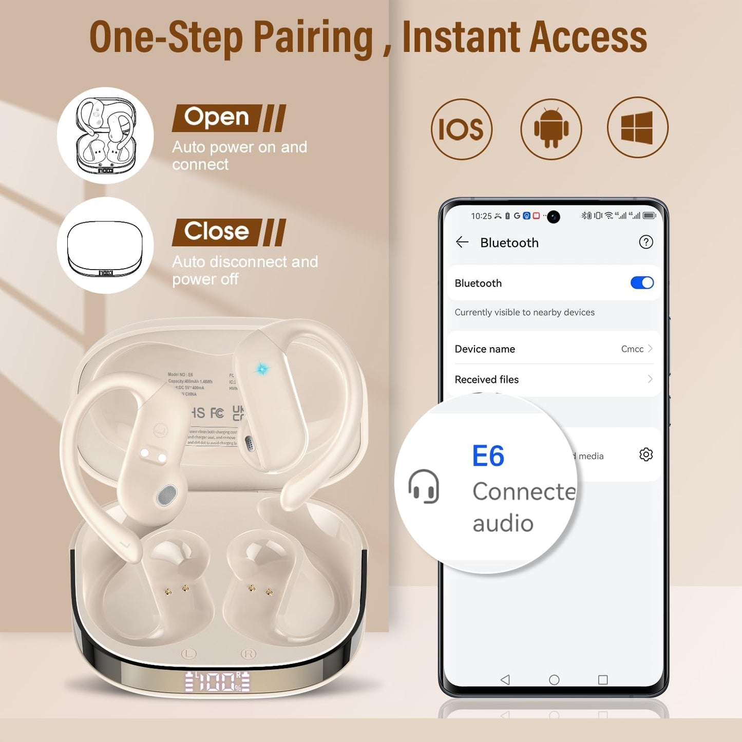 Open Ear Headphones, Bluetooth 5.4 Wireless Earbuds with HD Clear Calls, 32Hrs Immersive Stereo Air Conduction Earphones with Earhooks, LED Display, IPX7 Lightweight Open Ear Buds for Sports Blue