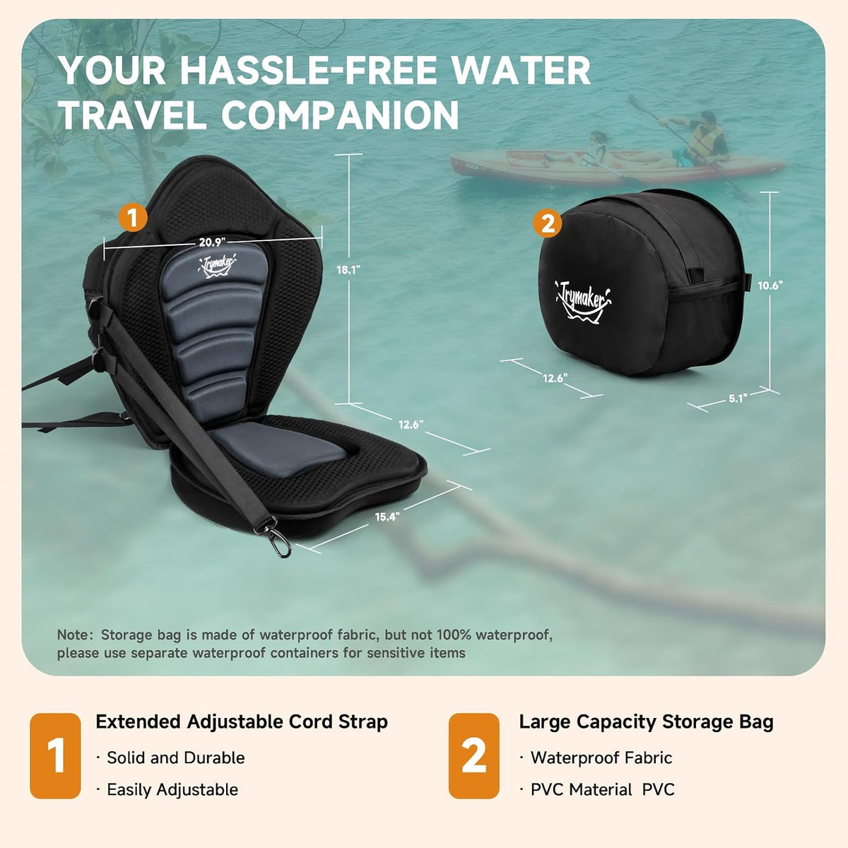 Trymaker Paddle Board Seat, Thick Kayak Seat with Back Support 5cm Thick Cushion, High-Back Support, Large Storage Bag, Ergonomic Design, Paddleboard & kayak Fishing