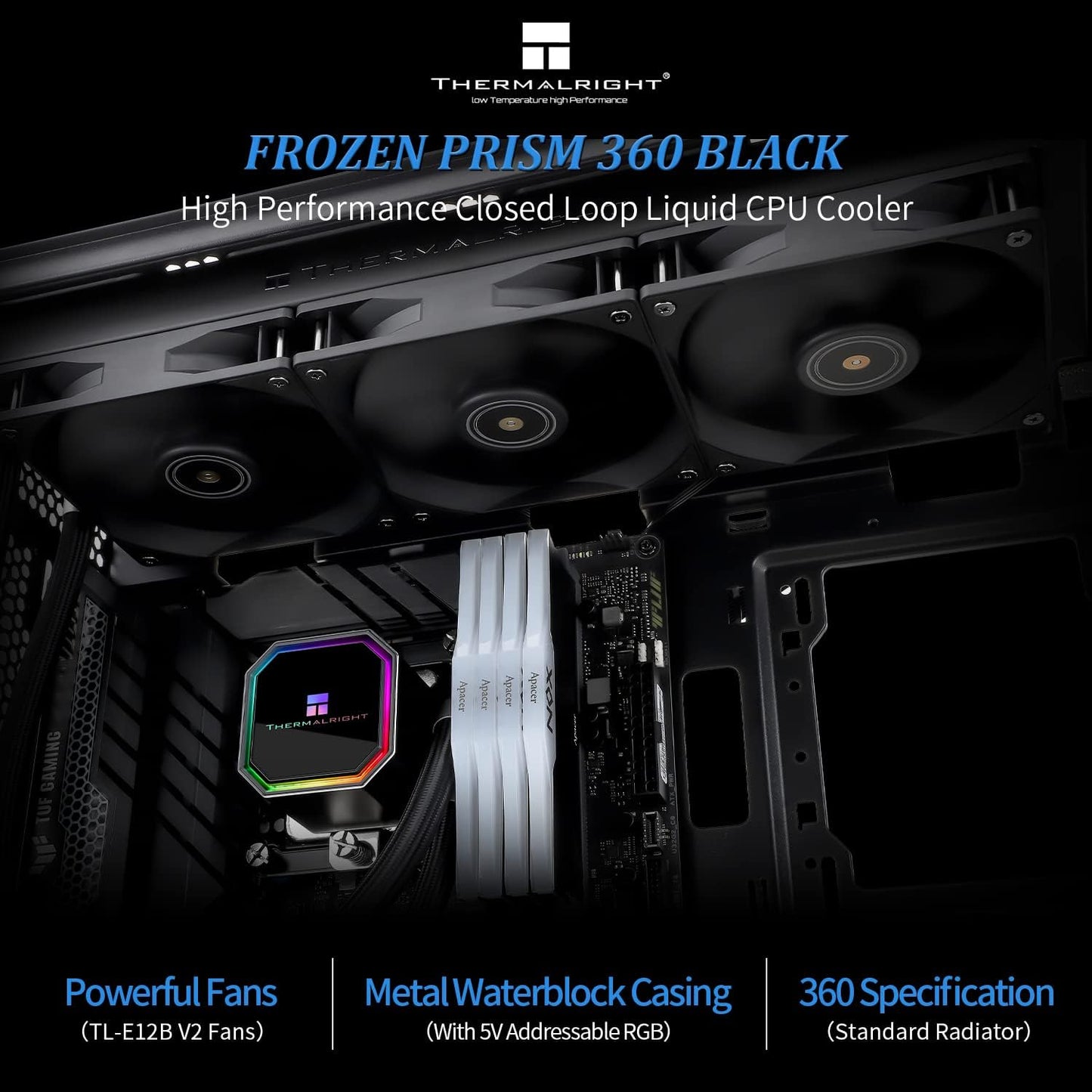 Thermalright Frozen Prism 360 Black AIO Water Cooler,Liquid CPU Cooler, 3×120mm PWM Fans Water Cooling System,1850RPM High Speed,Compatible with AMD/AM4/AM5&Intel LGA1151/1200/2066/1700