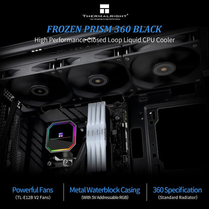 Thermalright Frozen Prism 360 Black AIO Water Cooler,Liquid CPU Cooler, 3×120mm PWM Fans Water Cooling System,1850RPM High Speed,Compatible with AMD/AM4/AM5&Intel LGA1151/1200/2066/1700