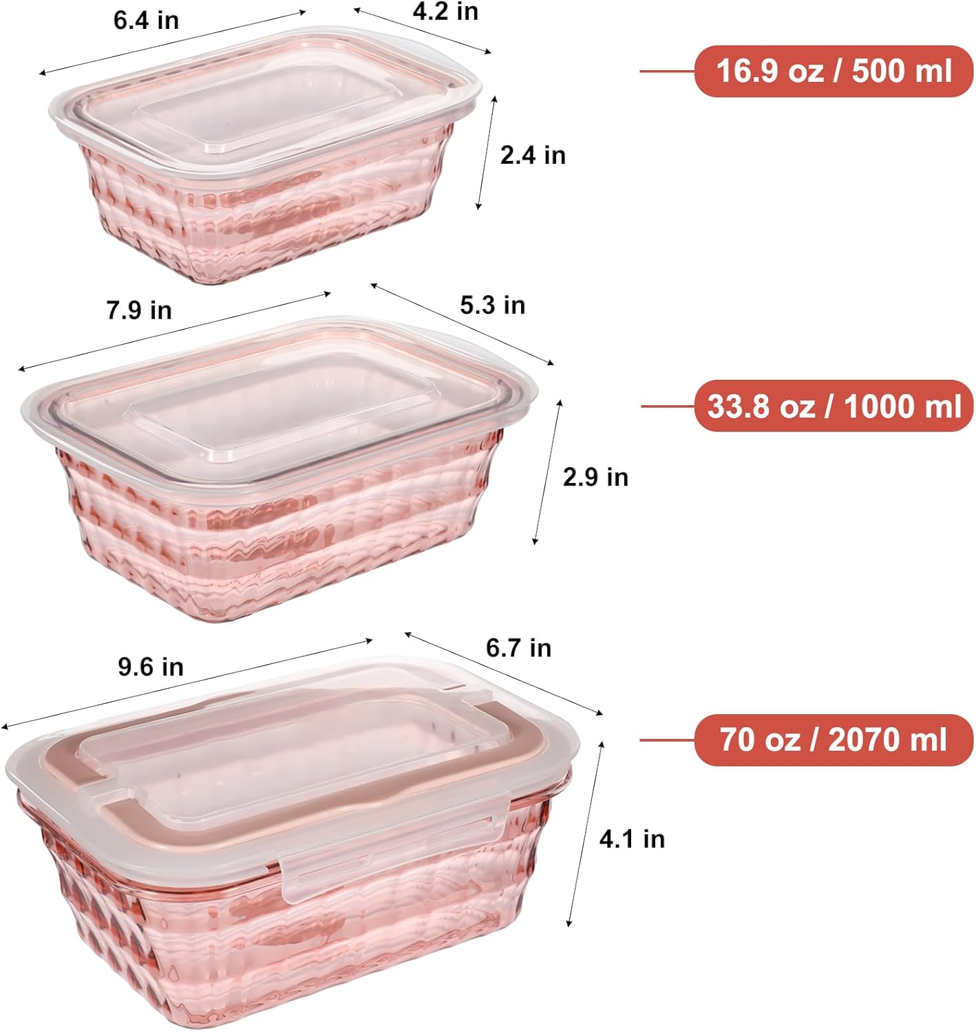 TaiuTaiuloo 3-Piece Salad Bowls with Lids & Handle, BPA Free Plastic Meal Prep Containers for Lunch, Kitchen Mixing & Serving Bowls for Salad, Snack, Fruit, Veggie, Pink