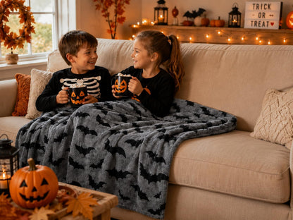 Halloween Fleece Throw Blanket, Black Bats on Gray, 50"x70" Oversized