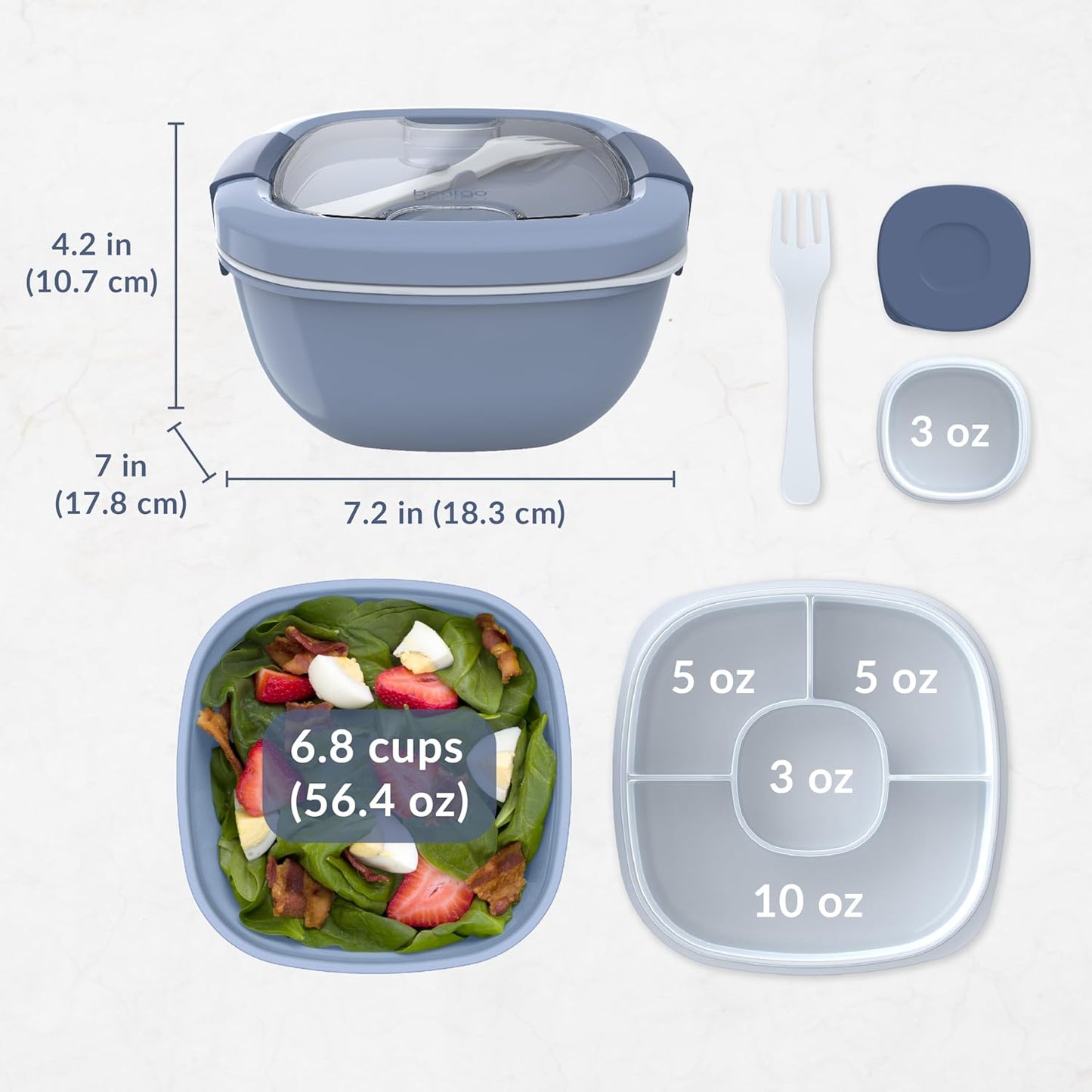 Bentgo Salad - Stackable Lunch Container with Large 54-oz Salad Bowl, 4-Compartment Bento-Style Tray for Toppings, 3-oz Sauce Container for Dressings, Built-in Reusable Fork & BPA-Free (Khaki Green)