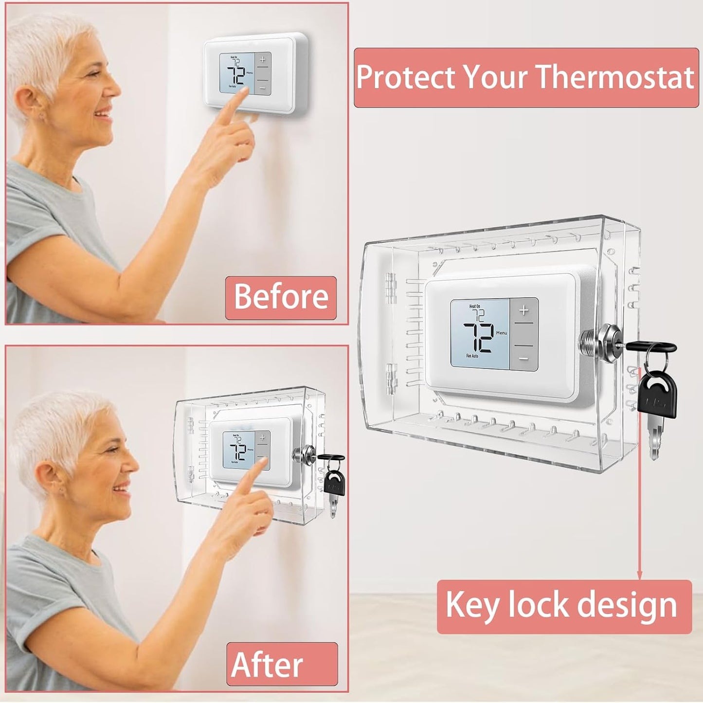 PKLIYH Universal Small Thermostat Lock Box-Thermostat Cover with Key Clear Small Thermostat Guard Fit All Ecobee,Google,Nest Thermostat on Wall 4.72''*4.72''*2'' or Smaller