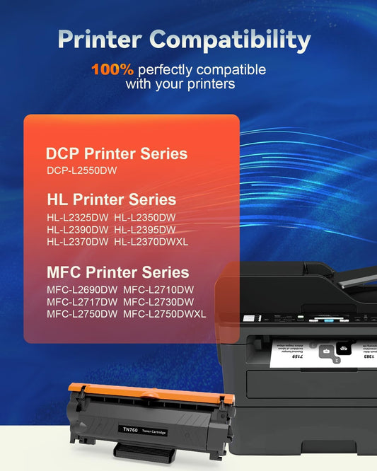 [with CHIP] TN760 Toner Cartridge Replacement for TN 760 TN-760 TN730 Toner Compatible with DCP-L2550DW MFC-L2710DW HL-L2370DW HL-L2390DW MFC-L2750DW HL-L2390DW HL-L2350DW (2 Black) - PuriLite