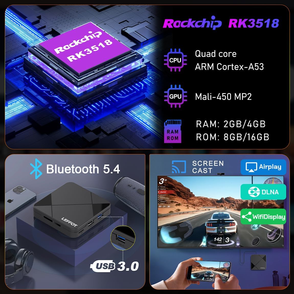 LEFFOT Android TV Box 14, 2025Smart 4K UHD Steaming Devices for TV,2GB RAM + 16GB ROM,Home Smat TV Box,with HDR10,2.4G&5G WiFi 6,BT 5.0 RK3518