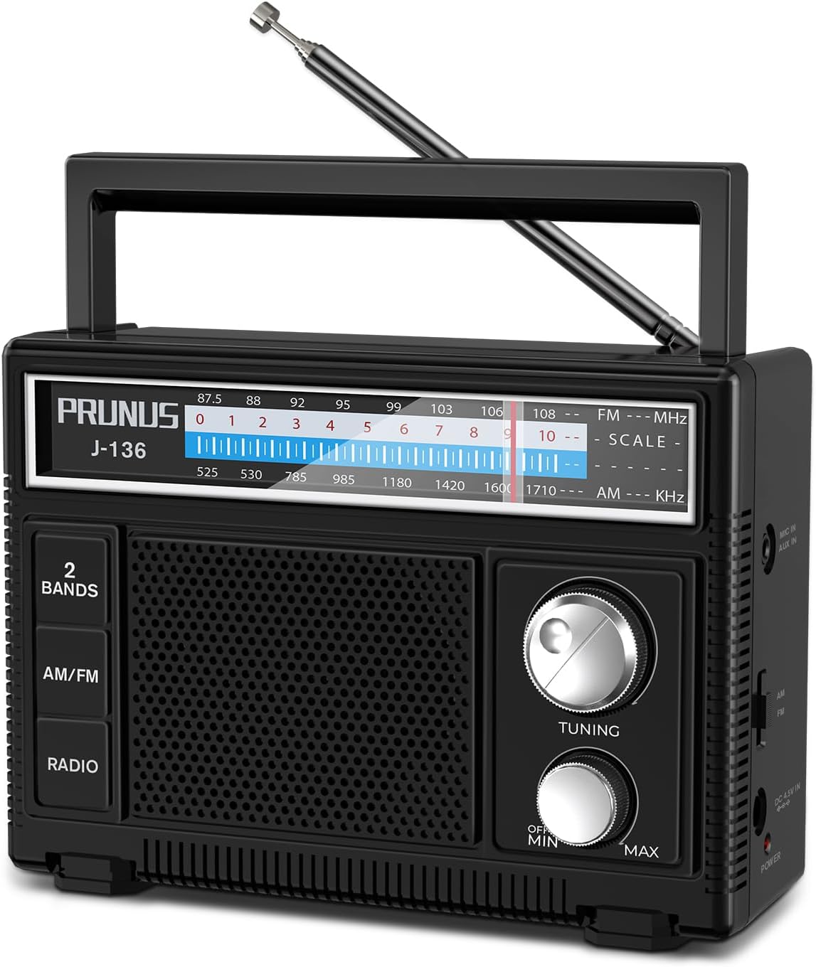 PRUNUS J-136 Portable Radio AM FM Battery Operated and Plug in Wall Transistor Radio Loud Speaker Support AUX in and Micphone in, Small Radios Portable AM FM