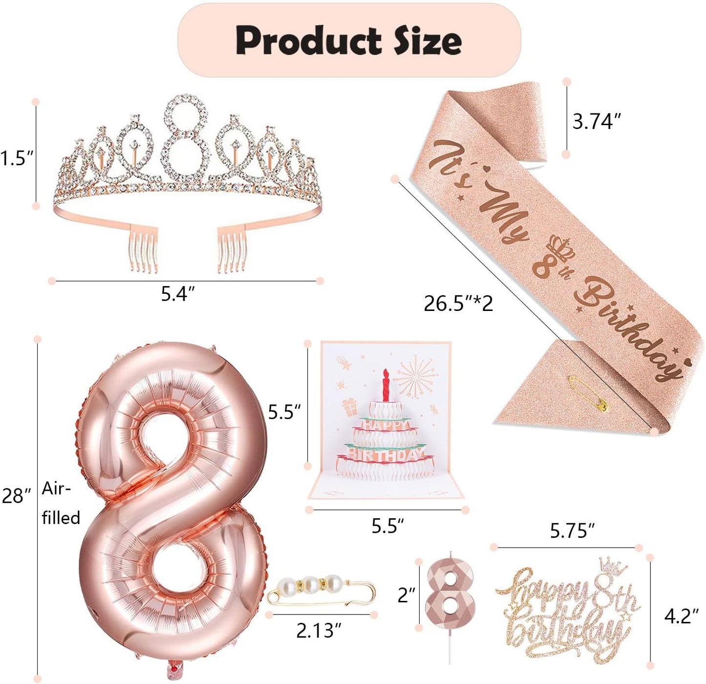 8pcs 40th Birthday Decorations gifts for Women, Including 40th Happy Birthday Cake Topper, Queen Sash with Pearl Pin, Sweet Rhinestone Tiara Crown for Women, Number Candles and Balloons (Rose Gold)