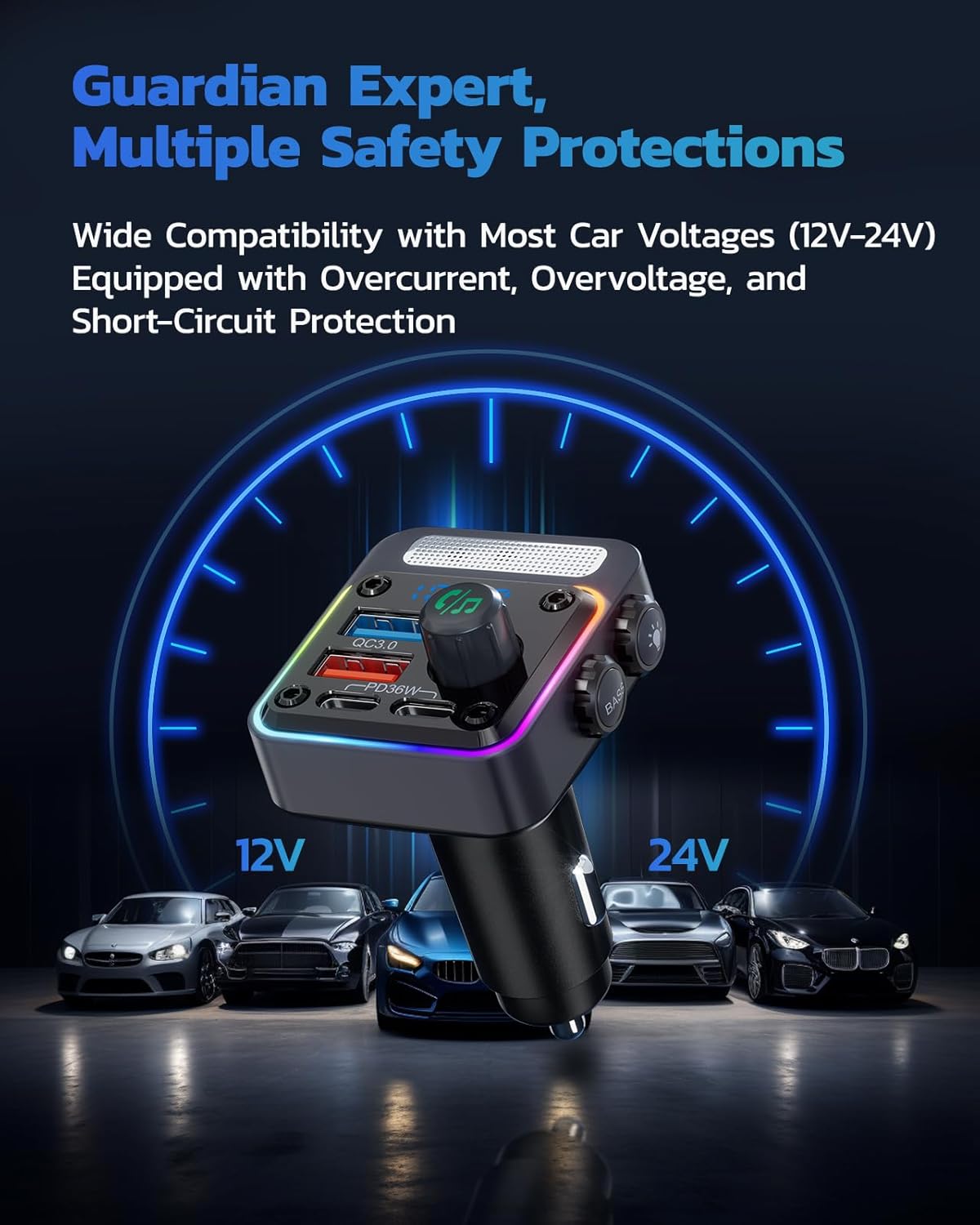 Nulaxy 54W [PD 36W & QC3.0 18W] Bluetooth 5.3 Car Adapter with 4 Charging Ports, Wireless Radio FM Transmitter Audio Receiver with Deep Bass MP3 Music Player, 5 Colors LED Backlit, Hands-Free Calling