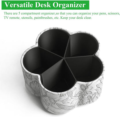 Flower Shaped Leather Art Supply Organizer,Remote Control Holder,360 Degree Spinning,Multi-Functional Pencil Holder,5 Compartments Desktop Stationary Organizer(1-Flower Grey)
