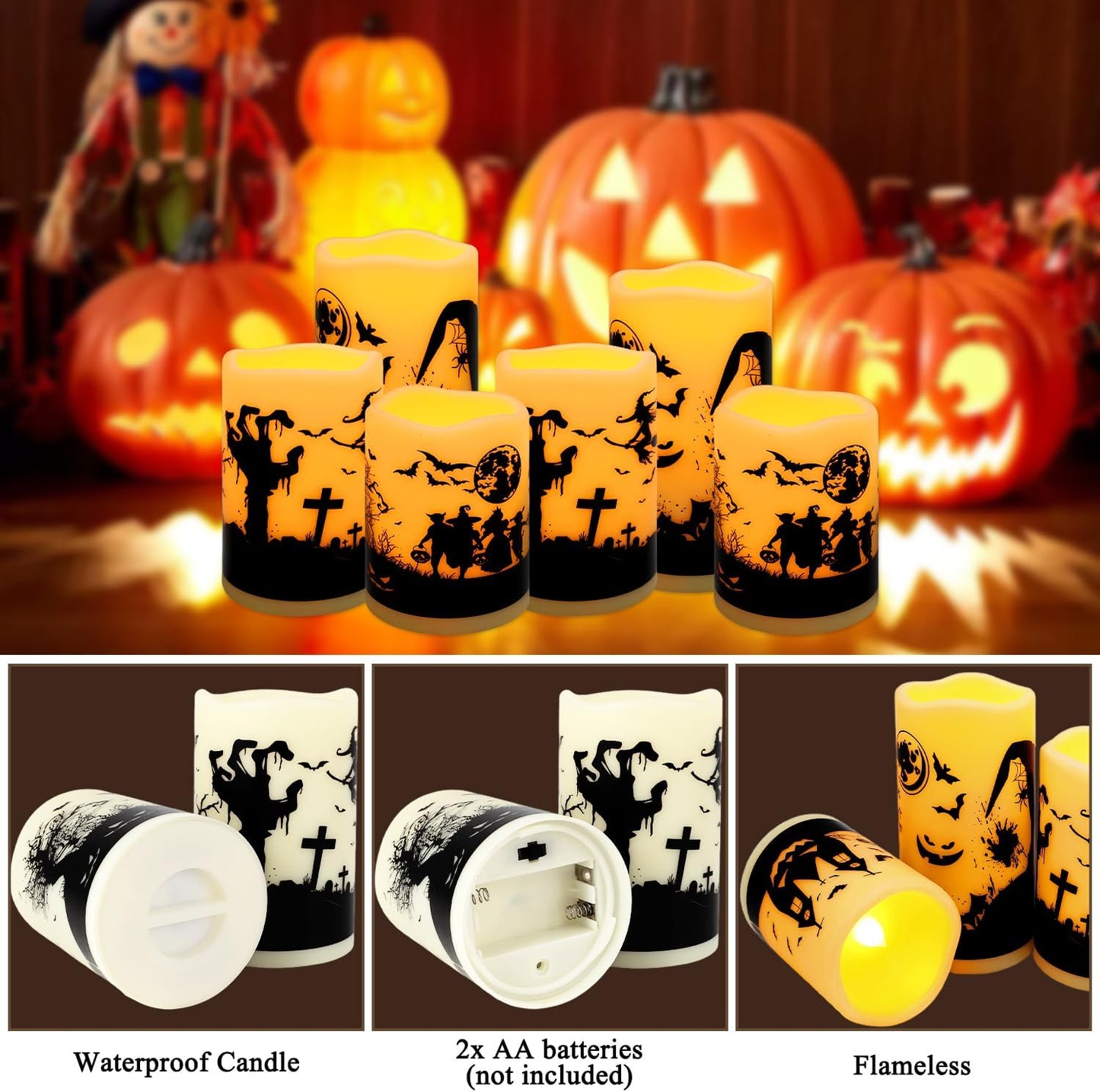 6 Pack Halloween LED flameless Candles, Featuring a timed Remote Control,Perfect for Trick-or-Treating LED Candles，Halloween Spooky.