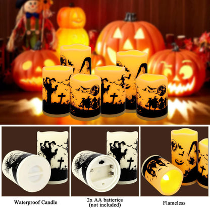 6 Pack Halloween LED flameless Candles, Featuring a timed Remote Control,Perfect for Trick-or-Treating LED Candles，Halloween Spooky.