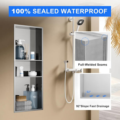 MENATT No Tile Shower Niche, Stainless Steel Wall Niche 13"X19"(Inner Size 12"X18"), Two-Tier Bathroom Shelf, NO Tile Needed Recessed Niche Shower for Bathroom Storage, Black