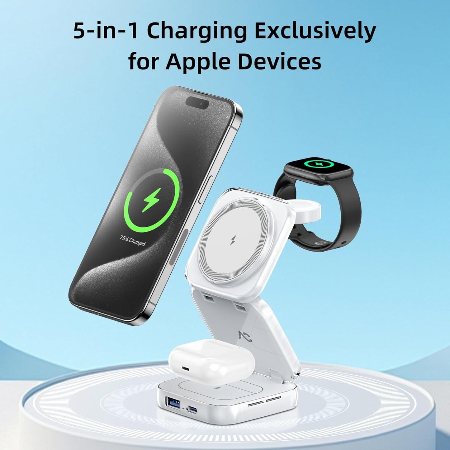 5-in-1 Wireless Charger for Magsafe, AC ISLAND Aluminum Travel Charging Station for Apple, 15W Snap Magnetic Multi Charging Stand Dock for iPhone 16/15/14/13 Apple Watch AirPods (with 35W GaN Adapter)