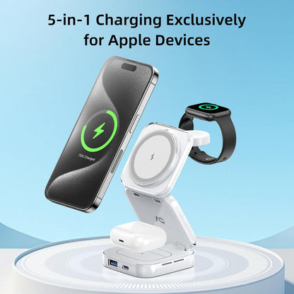 5-in-1 Wireless Charger for Magsafe, AC ISLAND Aluminum Travel Charging Station for Apple, 15W Snap Magnetic Multi Charging Stand Dock for iPhone 16/15/14/13 Apple Watch AirPods (with 35W GaN Adapter)