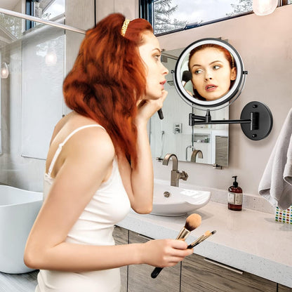 Miroir de maquillage mural rechargeable, miroir de courtoisie LED double face de 20 cm avec agrandissement 1X/10X, miroir de salle de bain de 33 cm avec écran tactile et 3 couleurs d’éclairage