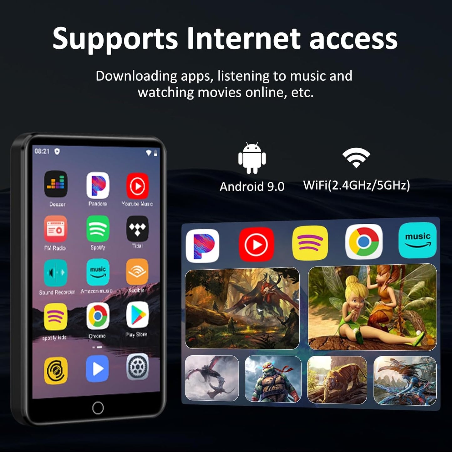 80GB MP3 Player with Bluetooth and WiFi, 4-inch Touch Screen MP3 Player with Bluetooth ， with Spotify, SpotifyKids, Audible, Andora, Amazon Player, MP4&MP3 Player up to 1TB Black