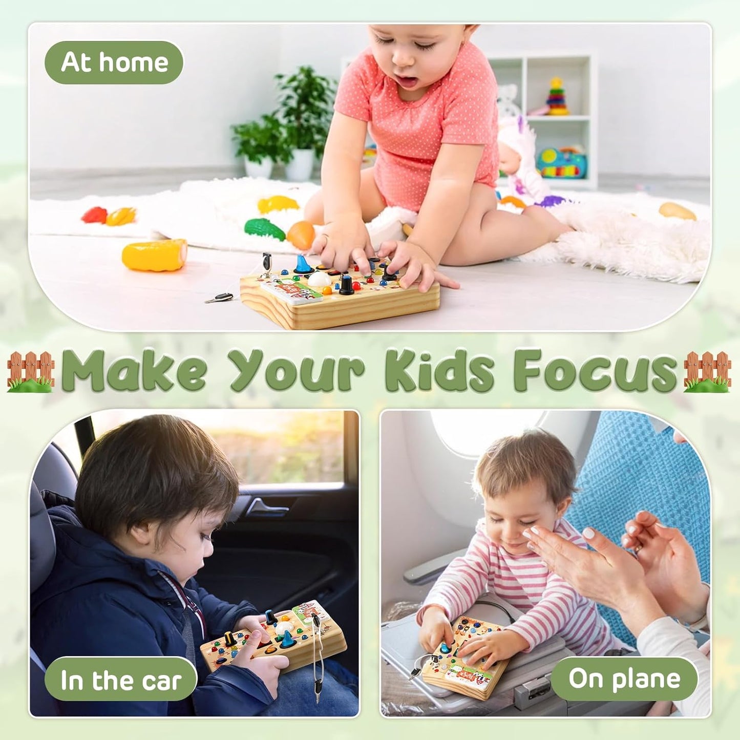 Joyreal Montessori Busy Board Wooden Sensory Toys for Toddler with LED Light Up Switch, Baby Fidget Board Travel Toys for 18+ Months, Boys Girls Birthday