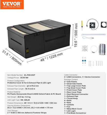 VEVOR Laser Engraver Enclosure, 31.5 x 31.5 x 19.6", Dual-Direction Viewing, Flame Retardant and Fireproof Protective Cover, with Exhaust Fan and Pipe, Insulates Smoke, Noise and Eye Protection